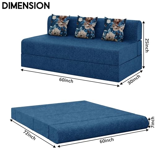 Image of Foldable Three Seater Sofa Bed 5 X 6 Ft Jute Fabric Washable Cover Sofa Cum Bed with Cushions Convertible Sofa Bed for Home (Blue Color - Pre-Assembled)