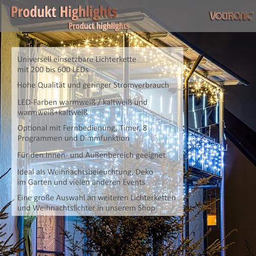 Foto von VOLTRONIC® 200 400 600 LED Lichterkette Eisregen, warm-weiss / kalt-weiss, innen und außen, Dekra GS Adapter