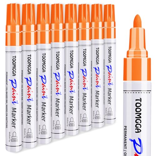 Orange Permanent Paint Pens - 8 Pack Oil Based Paint Markers,Pens For Rock Painting Car Tyre Metal, Plastic, Canvas, Mugs, Wood, Glass, Quick Drying and Waterproof, Medium Point