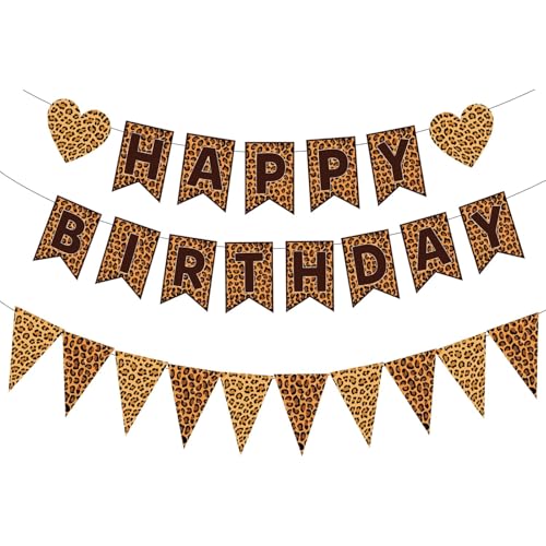 Auroriel Gepard Print Décoration de Fête d'anniversaire, Bannière Joyeux Anniversaire Léopard pour Filles Femmes Décoration de Fête d'anniversaire Thème Jungle...