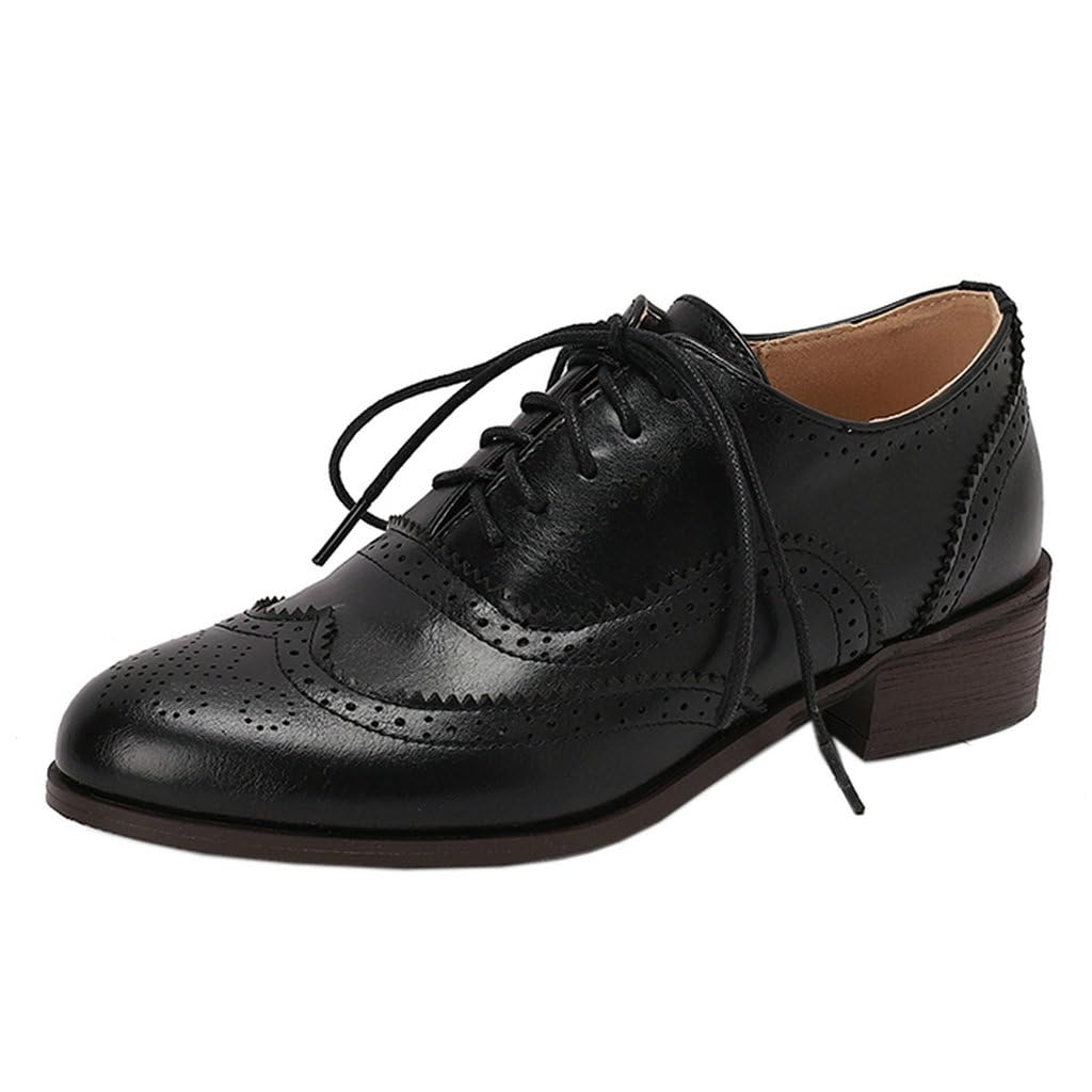 DINTAHA Vintage Wingtip Oxford Shoes Chunky Lace Up Oxfords Low Heel Oxford Shoes for Women