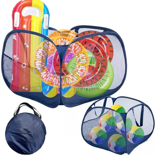 Pop-up Pool Toy Storage Bin 47x47x31 Inch and 20x20x15 Inch 2 Sizes Swimming Mesh Pool Organizer Bag with Side Pocket for Float,Balls,Inflatable Toys and Other Swimming Accessories