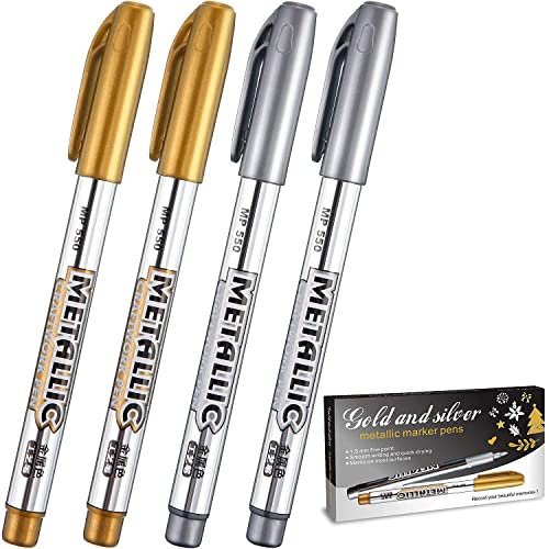 Image of 53ARTS Gold and Silver Metallic Fine Point Tip Marker Pens, Permanent Markers Suitable for Cards Writing Signature Lettering Painting Pens (4)