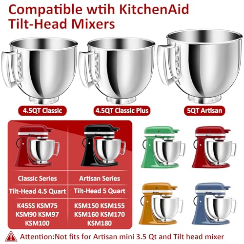 Image of 5QT Stainless Steel Mixer Bowl Compatible with KitchenAid Bowls for Mixer, Artisan&Classic Series 4.5-5QT Tilt-Head Mixers, Kitchen Gadgets Mixer Bowl with Handle,Metal Bowl for Kitchen Mixing Bowl