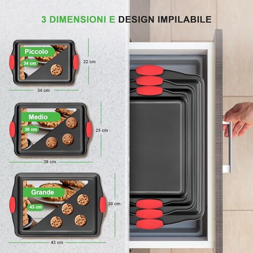 NutriChef Set 3 Teglie da Forno Antiaderente, Acciaio al Carbonio con Rivestimento Grigio, Maniglie in Silicone Rosso, 4.5 Litri, Nero - immagine 3