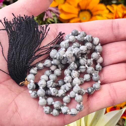 Image of Apnisanskriti Premium Map Stone Mala for Men and Women (6mm, AAA Quality, Lab Certified, 108+1) - Natural Stone Beads Mala - Jasper Mala Grey, White & Black Patches Colour - Pack of 1