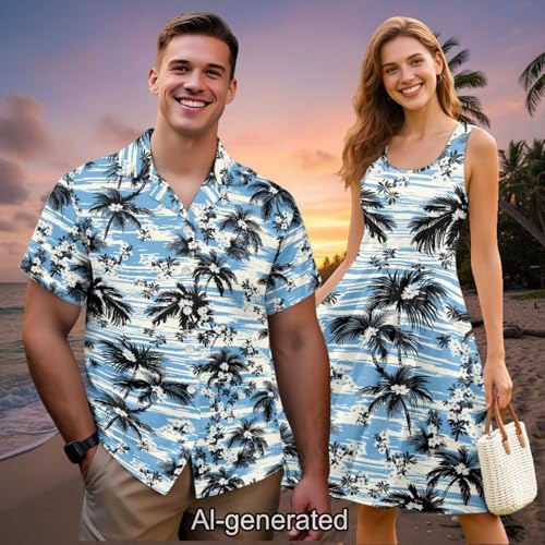 Image of Dreaweet Summer Dresses for Women A-Line Sleeveless Flowy Sun Dresses,Men's Casual Button-Down Shirts,Couple Matching Outfits