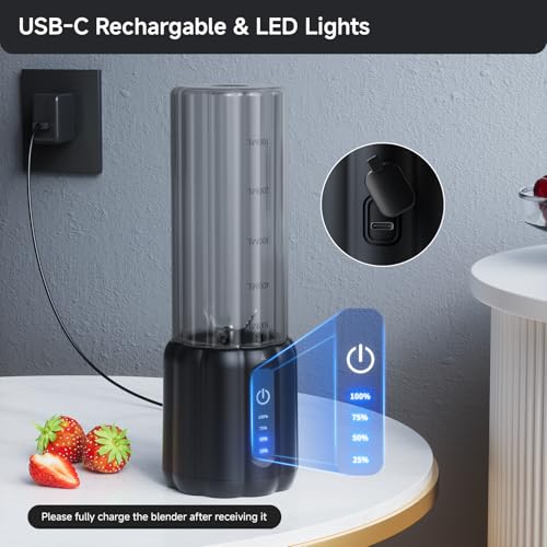 TOMUOO Portable Blender, Small Smoothie & Shake Maker with 6 Blades, USB-C Rechargeable Personal Blender with LED Display, Travel-Friendly Mini Juicer Cup for Home, Office, Gym, Outdoor, 17oz, Black - image 3