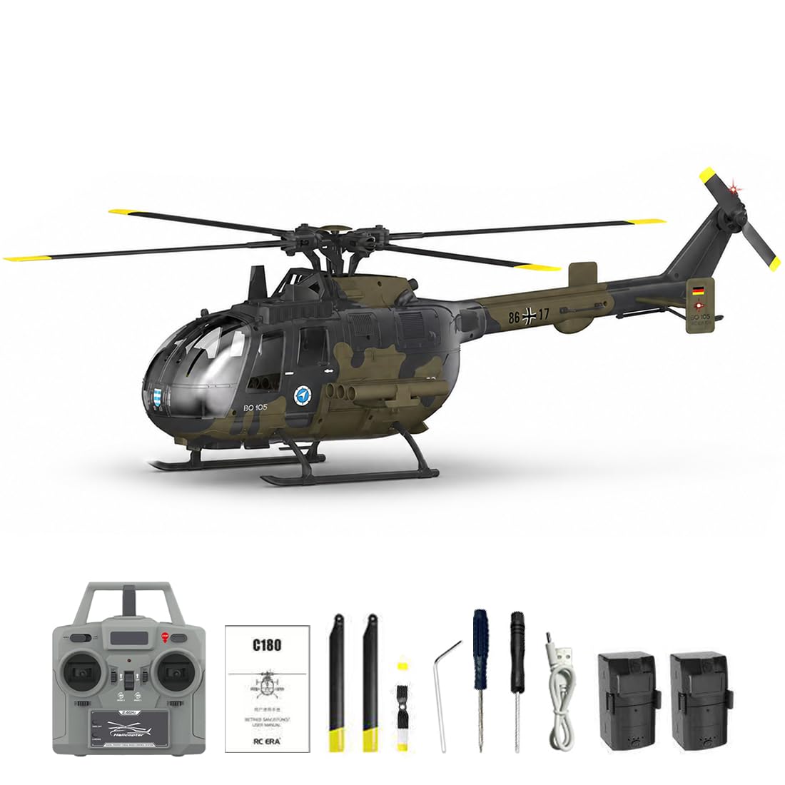 RC ERA C180 BO-105 Brushless RC Hubschrauber, 6CH mit 6-Achsen Gyro, Optical Flow, Höhenhaltung, One-Key Start & Inverted Flug, RTF für Einsteiger(Tarnung/2 Batterien)