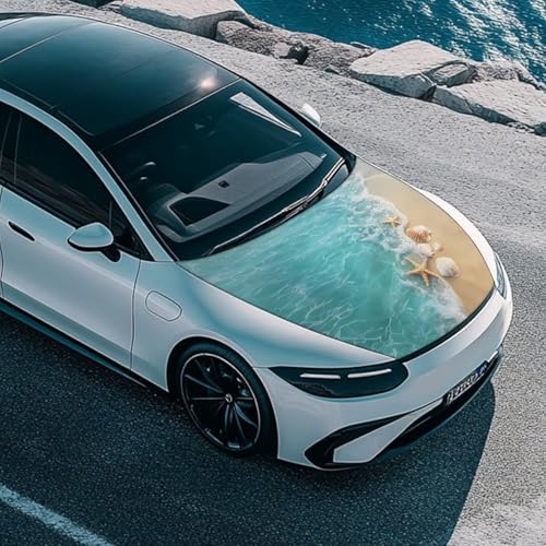 Image of Beach Starfish Shells Hood Cover for Car SUV Sedan Truck, Waterproof Elastic Polyester Car Hood Protector, Automotive Exterior Decorative Accessories for Summer