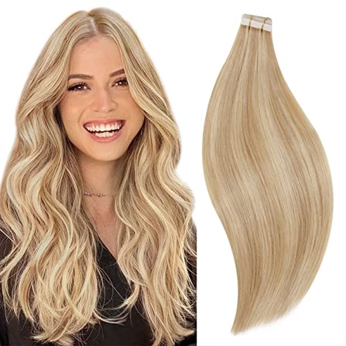RUNATURE Tape in Hair Extensions Humn Hair Golden Blonde Mix Light Blonde Tape in Remy Hair Extensions Skin Weft Human Hair Tape Ins 12 Inch 30g/20pcs