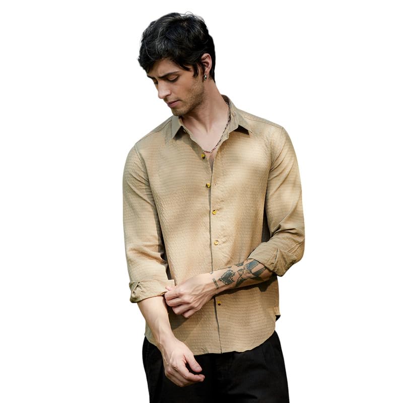 Image of CAHOOT Men's Olive Shirt Casual Wear | Shawl Collar | Long Sleeve | Button Closure | Shirt Crafted with Comfort Fit for Everyday Wear