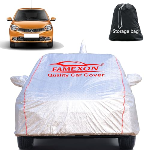 Image of Full Body Car Cover for Tata Tiago with Mirror and Antena Pocket Triple Stiched(Silver with Red Piping)