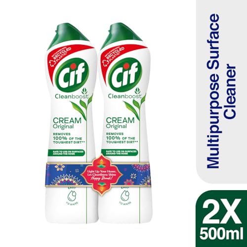 Image of Cif Original Multipurpose Surface Cleaner Cream for Kitchen & Bathroom, Ocean Breeze Scent, 100% Dirt Removal with Natural Cleaning Particles, 2x500ml