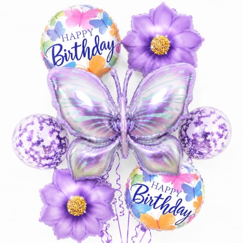 Image of AMFIN (Pack of 7) Large Butterfly Foil Balloons 34 Inch Gradient Birthday Party Decorations | Helium & Air Compatible - Purple