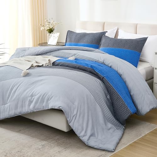 Litanika Comforter Set Oversized King 120x98 Grey Blue - 3 Pieces Lightweight Grey Blue Colorblock Stripe Fluffy Bedding Comforter Sets, All Season Bed Set