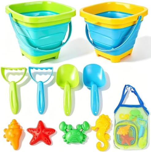 VGY Space-Saving Beach Toys for Kids,2 Collapsible Sand Buckets with Shovels,Rakes,Molds & Mesh Beach Bag,Portable Travel Sandbox Toys for Toddlers Ages 3-10