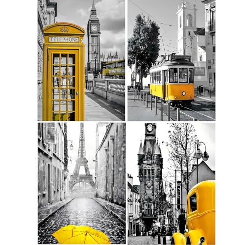 JISHSHAY Lot de 4 Diamond Painting Ville Diamant Painting Big Ben Broderie Diamant Lisbonne Diamond Art Tour Eiffel Kit Mosaique Adulte Voiture pour Adultes...