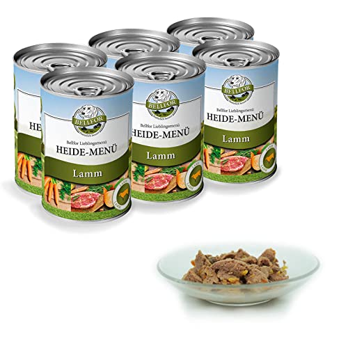 Bellfor Heide-Menü Hundefutter Nass mit Frischem Lammfleisch 6 x 400 g - Getreidefrei Ohne Soja, Zucker, Synthetische Farb-, Konservierungs- und Aromastoffe