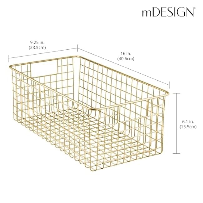 mDesign Metal Wire Food Storage Basket Organizer with Handles for Organizing Kitchen Cabinets, Pantry Shelf, Bathroom, Laundry Room, Closets, Garage - Concerto Collection - 4 Pack - Soft Brass