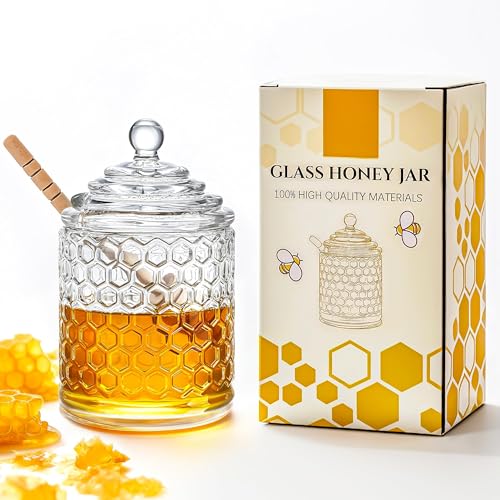 kanpura Clear Crystal Honey Pot with Dipper and Lid Glass