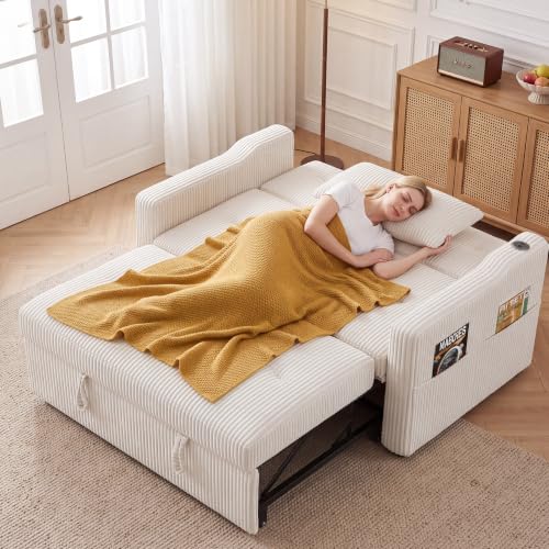 Image of 51.6 inch 3-in-1 Convertible Sleeper Sofa Bed, Pull Out Loveseat Couch with 5-Position Adjustable Backrest, USB & Type-C Ports, Side Storage Pockets, Corduroy Sofa Bed for Small Spaces