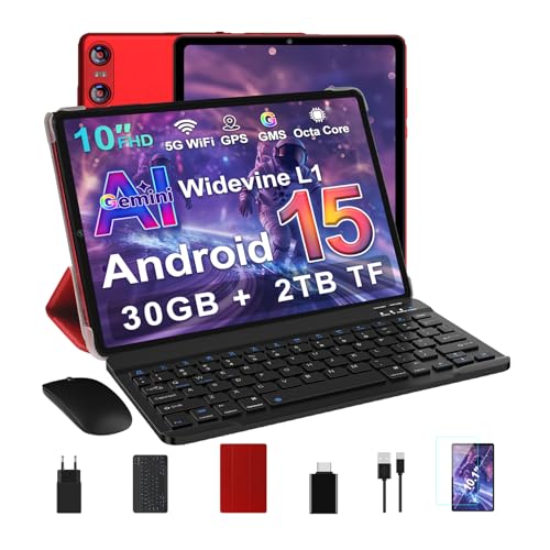 SKYEGG Tablet 10 Pulgadas Android 15 con Gemini AI, 30 GB RAM + Ampliable 2 TB ROM, Octa-Core, Widevine L1, WiFi 5G, BT 5.0, Cámara 8 MP + 5 MP, Batería 6000 mAh, con Teclado, Ratón y Funda – Rojo