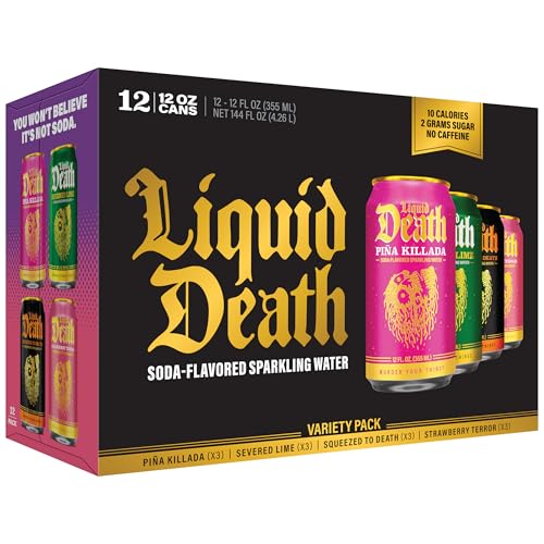Image of Liquid Death Soda-Flavored Sparkling Water - Modern Variety, Less Sugar*, Huge Flavor, No Caffeine, No Artificial Sweeteners, 4 Flavors: Lime, Orange, Strawberry, Pina Killada 12 Fl Oz (Pack of 12)