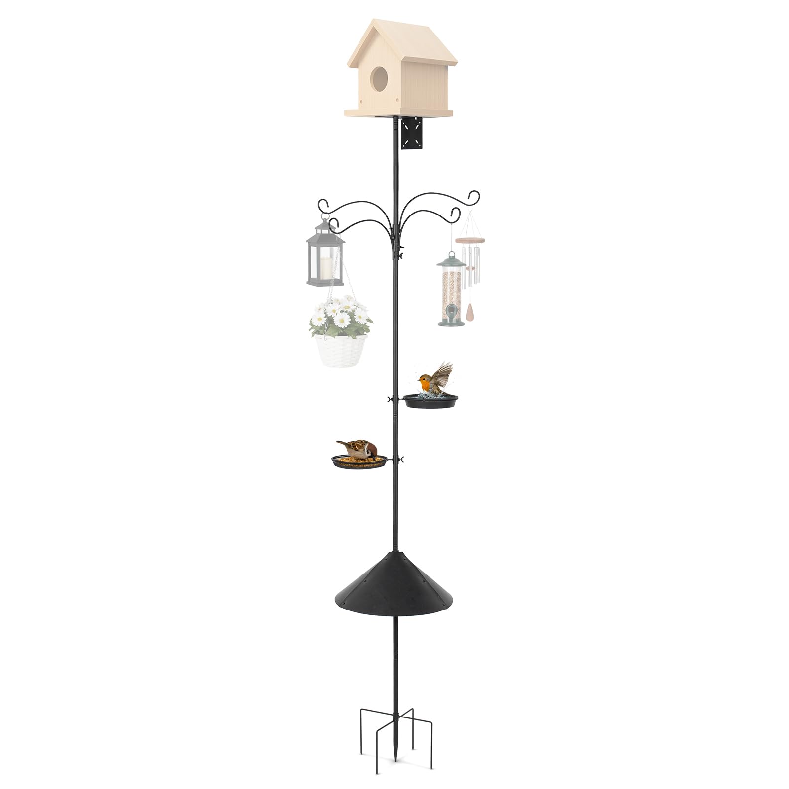 Todeco Crochet de Berger de Jardin, 233cm Crochet de Jardin Réglable en Métal, avec 4 Crochets, 2 Palettes, Garde-rat, Support de nichoir, Suspension Extérieur pour Lanterne, Lumineuse, Plantes