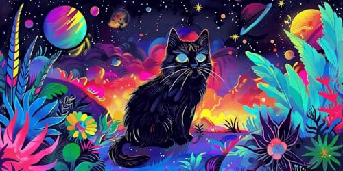 Diamond painting chat noir pour adulte et enfant - Kit broderie diamant 5D 35x70 cm