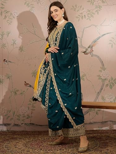 Image of Miss Ethnik Women's Yellow Chinon Stitched Top With Stitched Chinon Bottom and Chinon Dupatta Full Sleeve Embroidered Anarkali Kurta