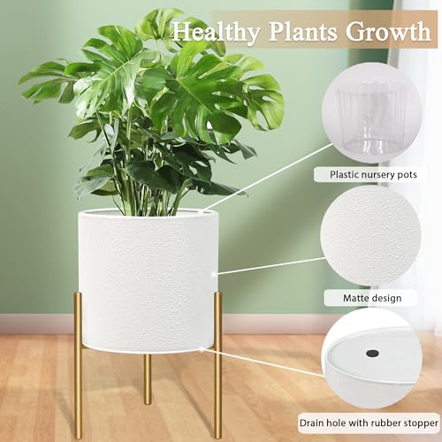 ARNIS Modern Planter Pots, Large Planters with Stand, Set of 2 Metal Planters for Indoor Plants with Drainage Holes for Living Room, Office, Garden or Balcony (White, 10.5 &12.25 Inch)