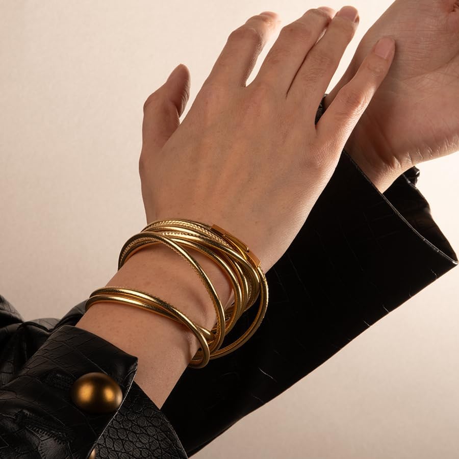 BLKSMTH Women's Multi-Wrap Leather Bracelet, Gold, Luxury Stacked Design with Clasp, 59 Inch