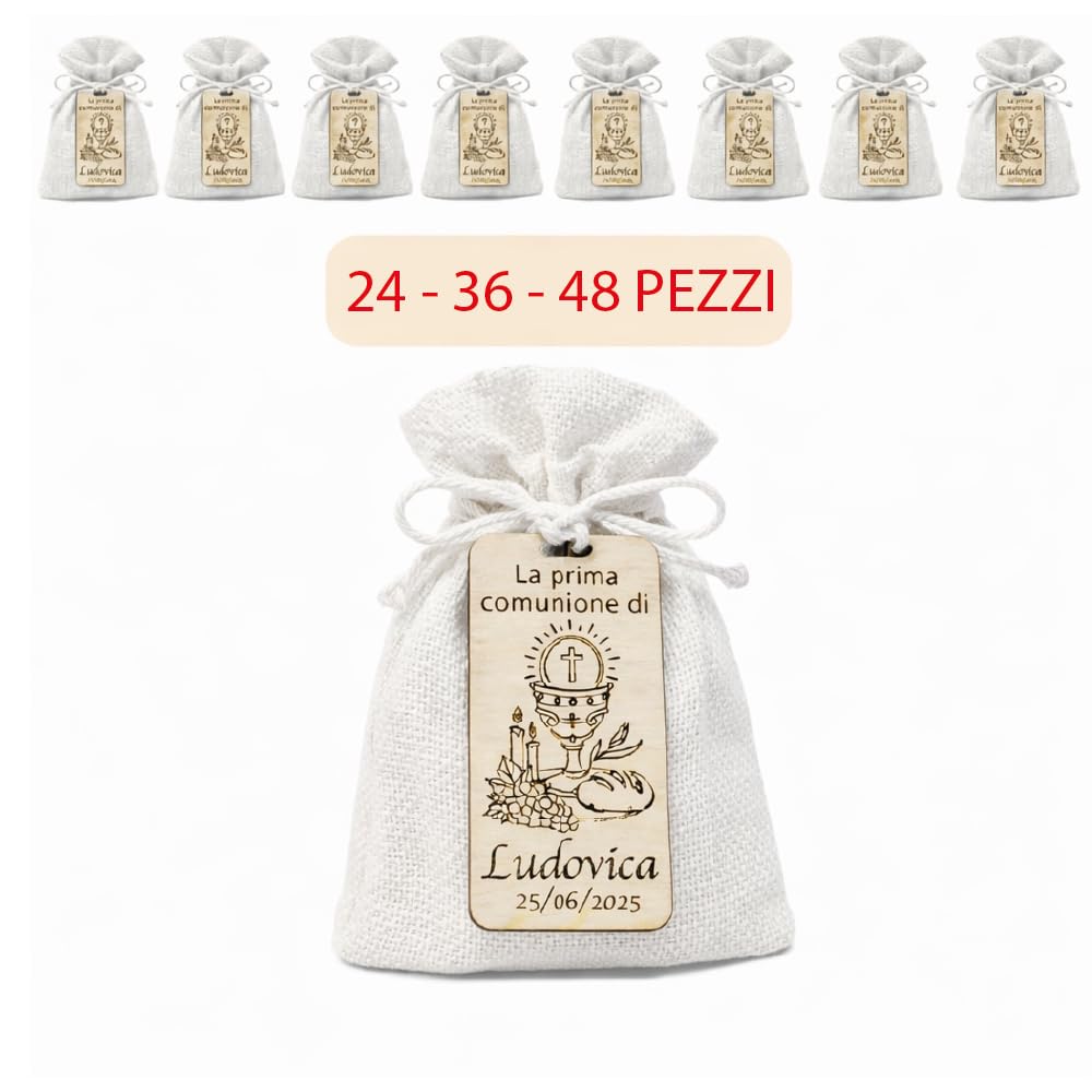 24-36-48 Kit Bomboniera Comunione Completa con Sacchetti in Juta, Sacchetti per Confetti e Calamite Personalizzate – Nome e Data – Prima Comunione