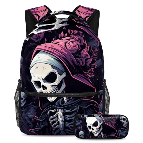 Cartables grande capacité Pink Art Skull avec trousse pour ados