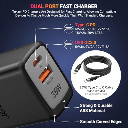 Image of Tukzer 35W Dual Port GaN3 Ultra 3X Faster Charger Adapter (Type C PD3.0 & USB QC3.0) with Type C to C Cable for iPhone 17 /17 Plus /17 Pro /17 Pro Max, 16 /15 /14 /13 /12 Series,Samsung, MacBook,Laptops-BLK