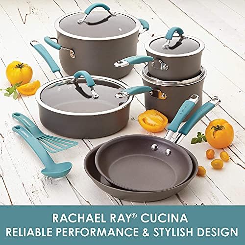 Rachael Ray 87643 Cucina Hard Anodized Nonstick Frying Pan Set / Fry Pan Set / Hard Anodized Skillet Set - 9.25 Inch and 11.5 Inch, Gray with Blue Handles - Thumbnail 2