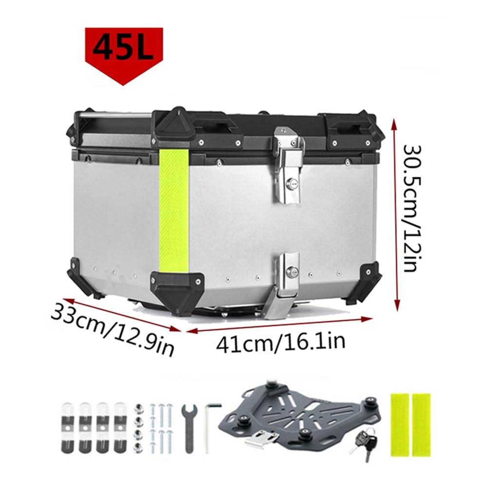 Coffre De Moto Casque Valise Topcase, Aluminium Topcase Top Box pour Casque 36L 45L 55L 65L 80L 100L avec Serrure De Sécurité(Silver,45L)