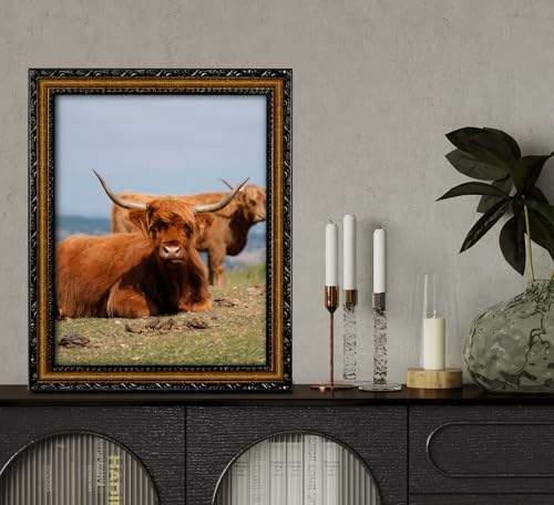 Image of Black Picture Frames 11x14 Vintage Picture Frame Wood | Real Glass, Matted 9x12 or 11 x 14 Photos, Easy Photo Changes, Wall Hanging