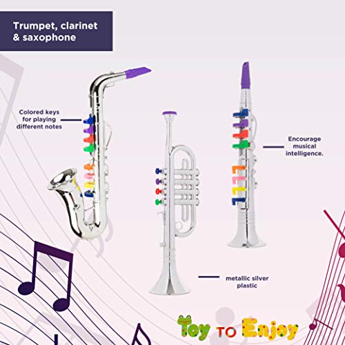 Toy To Enjoy Kids Toy Musical Instrument 3 Piece Set - Trumpet Saxophone & Clarinet with Color Coded Keys for Boys and Girl Ages 3 and Up - Thumbnail 3