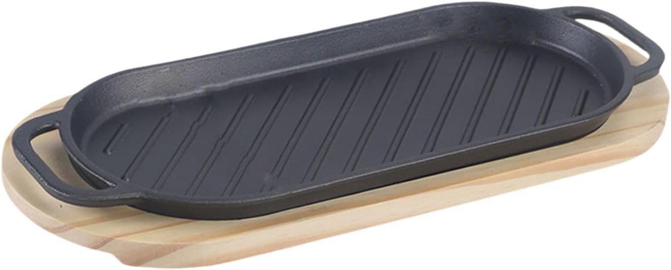 Cast Iron Steak Plate Hot Steak Skillet with Wooden Tray BBQ Grilling Pan Fajita Sizzling Pan for BBQ Party Catering Service, Large