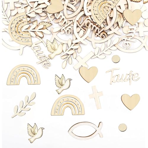 KASESSS 160 Pièces Decoration Table Bapteme en Bois, Décoration de Table Communion Baptême, 8 Styles, Décoration de Table de Baptême pour Garçons et Filles Confettis Bapteme DIY Bricolage