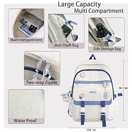 Kawaii Backpack with Cute Pin Accessories Plush Pendant Student Bag Large Capacity Waterproof Travel Backpack(White)3