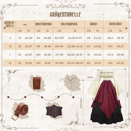 LumenVela Mittelalter Kleidung Damen, Renaissance Kleid Damen und Off Shoulder Bluse mit Corsett, Gürteltasche, Kopfschmuck, Gürtel, Viktorianisches Kostüm für Halloween Karneval (Rot, L)