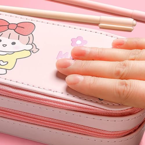 Image of PU Leather Pencil Case with Zipper, Large Capactiy Pouch Stationary Bag Storage Bag Makeup Bag for School, Office (Pink)