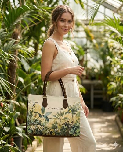 Image of Customized Canvas Tote Bag for Women with Vegan Suede - Custom Name Large Laptop Handbag (Fits 15 inch) - Eco-Friendly Tropical Print Shoulder Bag with Zipper Pockets - 16 inch inch Office & Travel bag