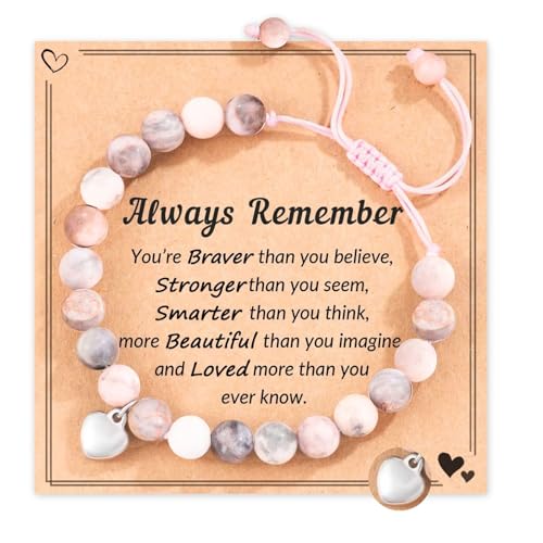 Natural Stone Healing Crystal Bracelets, Adjustable Stretch Pink Zebra Bracelet Crystal Jewelry Yoga Meditation Relax Gifts Friendship Birthday BFF for Women Teen Girls with Encourage Quote Card