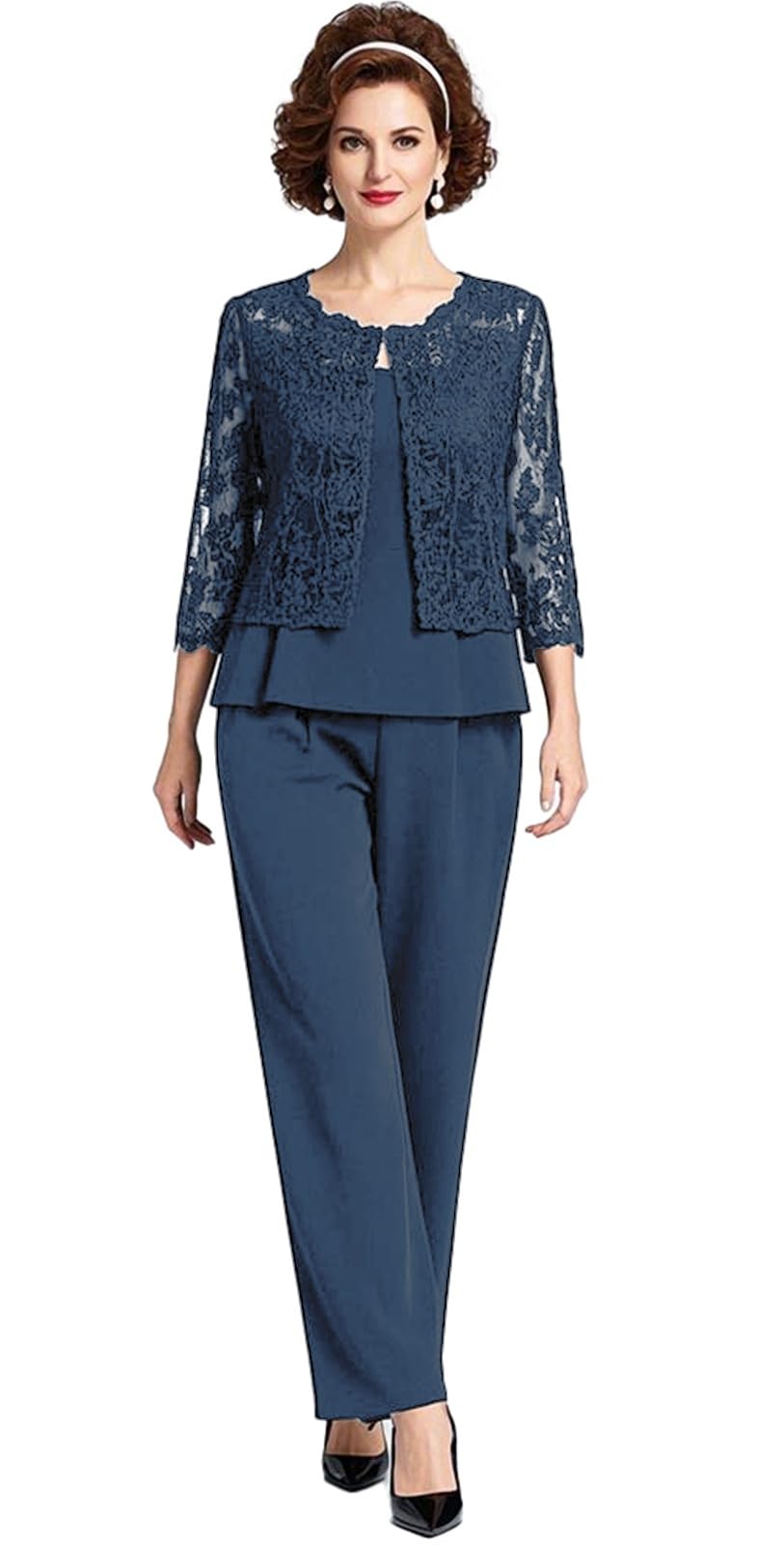 3 Pcs Mother of The Bride Pants Suits Women Chiffon Lace Outfits for Women Evening Party