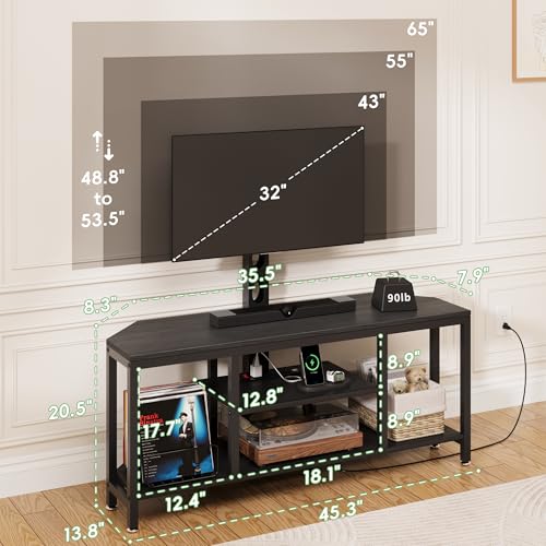 Image of Corner TV Stand Entertainment Center with Mount for Living Room, 32-65 inch TV | TV Console with Led Lights & Power Outlet, Height Adjustable Swivel TV Cabinet with Open Storage Shelf for Bedroom, Black