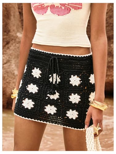 MakeMeChic Women's Crochet Skirts Tie Front Summer Beach Cover Up Floral Mini Skirt4